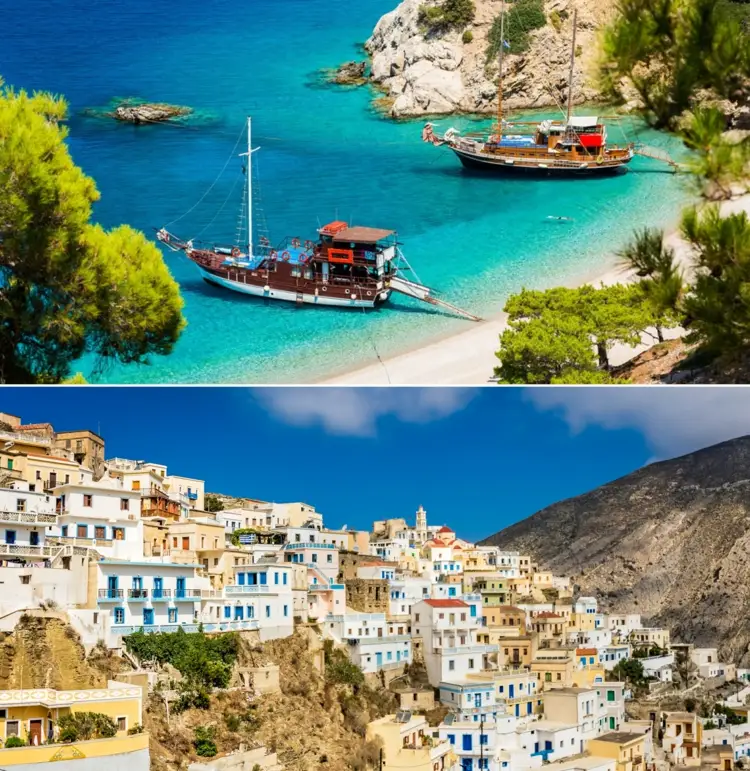 Warm travel destinations for October in Europe - Karpathos with beach and city